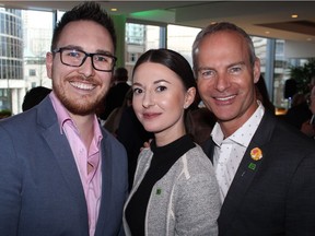 Out in School's chief fundraiser Sam Snobelen thanked TD Bank branch manager Adrienne Wood and Grant Minish, TD LGBTQ2+ market manager, for their major gift, announced at the financial institution's spring fling cocktail party, held at the Fairmont Pacific Rim Hotel.