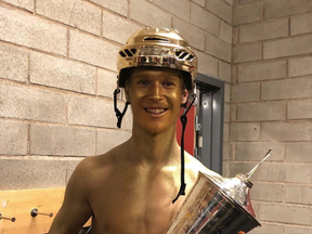 Elias Pettersson celebrates winning the Swedish Hockey League championship with the Vaxjo Lakers.