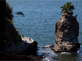 The seawall near Siwash Rock in nicer weather. A three-week spell of rain has brought down debris on the popular walking area, forcing its closure.