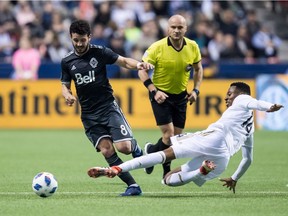 Vancouver Whitecap Felipe Martins (left) loses control of the ball against the Montreal Impact's Ken Krolicki during an MLS game earlier this season at B.C. Place Stadium. ‘Now everyone needs to man up,’ Felipe said in the wake of Friday’s 6-0 loss at Sporting Kansas City. ‘We’ve got to regroup, everybody together. It’s not only one or two guys that can do it. It’s everyone.’ (Photo: Darryl Dyck, Canadian Press files)