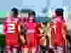 Team Canada’s Ghislaine Landry, (centre), talks with teammates after losing to Team New Zealand 17-7 during cup final action at the HSBC Canada Women’s Sevens at Westhills Stadium in Langford, B.C., on Sunday, May 28, 2017.