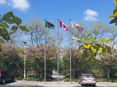 Ismaili, Canadian and B.C. flags as seen at the Ismaili Centre Burnaby.