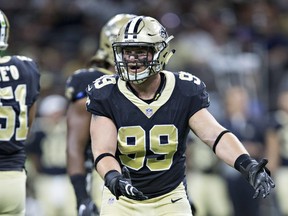 Adam Bighill in 2017 season opening action for the New Orleans Saints.