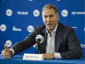 Philadelphia 76ers President of Basketball Operations Bryan Colangelo speaks with members of the media during a news conference at the NBA basketball team's practice facility in Camden, N.J., Friday, May 11, 2018.