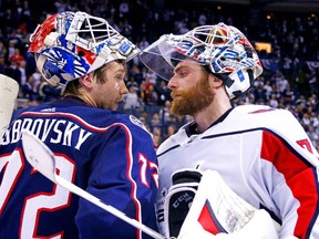 Columbus goalie Sergei Bobrovsky, left, congratulates his Capitals counterpart, Braden Holtby, at the end of Game 6 of the first-round series.