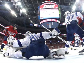 Andrei Vasilevskiy of the Tampa Bay Lightning makes a save against the Capitals during Game 4 of the Eastern Conference final Thursday night at Capital One Arena in Washington.