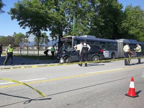 A collision between a bus and a van has closed Hastings Street in Burnaby.