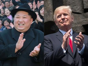 This combination of pictures created on March 9, 2018 comprising of an undated picture released from North Korea's official Korean Central News Agency (KCNA) on January 17, 2018 showing North Korean leader Kim Jong-Un visiting the newly-renovated Pyongyang Teachers' University in Pyongyang and US President Donald Trump applauding as he stands in front of the Warsaw Uprising Monument on Krasinski Square during the Three Seas Initiative Summit in Warsaw, Poland, July 6, 2017.
