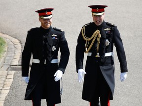 Britain's Prince Harry (L), Duke of Sussex, arrives with his best man Prince William, Duke of Cambridge (R), at St George's Chapel, Windsor Castle, in Windsor, on May 19, 2018 for his wedding ceremony to marry actress Meghan Markle.