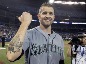 Seattle Mariners' pitcher James Paxton, from Ladner, B.C., shows of his Maple Leaf tattoo after pitching a no-hitter against the Blue Jays on Tuesday in Toronto. Paxton is the first Canadian to have a no-hitter since Toronto's Dick Fowler did it for the Philadelphia Athletics in 1945.