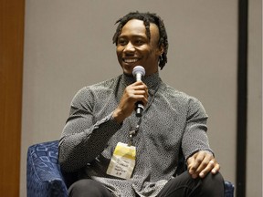 NFL receiver Brandon Marshall speaks at the ‘Beyond the Physical: A Symposium on Mental Health in Sports’ on May 14, 2018 in Atlanta.