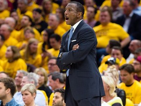 Dwane Casey of the Toronto Raptors directs his team during Game 4 of the second-round series against the Cleveland Cavaliers at Quicken Loans Arena on May 7, 2018 in Cleveland. (Jason Miller/Getty Images)