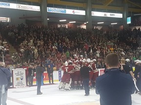 Chilliwack Chiefs celebrate winning the RBC Cup on Sunday in Chilliwack.
