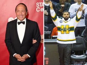 Singer Paul Anka attends the 2016 MusiCares Person of the Year honoring Lionel Richie at the Los Angeles Convention Center on February 13, 2016 in Los Angeles, California. (Photo by Jason Merritt/Getty Images) and Rapper Drake - wearing a Humboldt Broncos jersey - raises his arms in the final seconds of game action with Toronto Raptors winning in Eastern Conference Playoff Game 1 against Washington Wizards at the Air Canada in Toronto, Ont. on Saturday April 14, 2018. Ernest Doroszuk/Toronto Sun/Postmedia Network