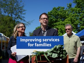 B.C. Agriculture Minister Lana Popham and Health Minister Adrian Dix announce the expansion of a food-coupon program for low-income people Saturday at the Trout Lake Farmers Market in Vancouver.