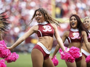 Washington Redskins cheerleaders performs during a timeout in the second quarter of a game against the San Francisco 49ers at FedEx Field on October 15, 2017 in Landover, Maryland. (Joe Robbins/Getty Images)