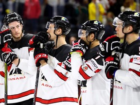 Team members of Canada look dejected after the 2018 IIHF Ice Hockey World Championship Bronze Medal Game game between the United States and Canada at Royal Arena on May 20, 2018 in Copenhagen, Denmark. (Martin Rose/Getty Images)