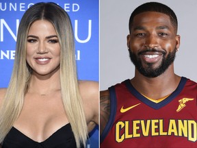 This combination photo shows Khloe Kardashian at the NBCUniversal Network 2017 Upfront at Radio City Music Hall in New York on May 15, 2017, left, and Cleveland Cavaliers' Tristan Thompson at the NBA basketball team media day in Independence, Ohio, on Sept. 25, 2017. (AP Photo)