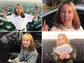 Images from Lil Tay's social media posts where she takes on the persona of someone living the high life in the Hollywood Hills.