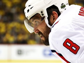 Alex Ovechkin #8 of the Washington Capitals waits for a third period face-off while playing the Pittsburgh Penguins in Game Six of the Eastern Conference Second Round during the 2018 NHL Stanley Cup Playoffs at PPG Paints Arena on May 7, 2018 in Pittsburgh, Pennsylvania. (Photo by Gregory Shamus/Getty Images)