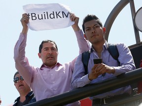 KM pipeline supporters as Prime Minister Justin Trudeau announced funding to the new Green Line in Calgary on Tuesday May 15, 2018. Darren Makowichuk/Postmedia