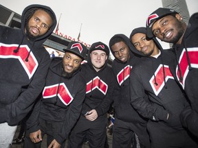 Raptors Uprising Gaming Club players (from left) Trey Hendrix, Kenneth Hailey, Christopher Doyle, Yusuf Abdulla, Josh McKenna and Seanquai Harris pose for a photo outside the Air Canada Centre before a Raptors-Wizards playoff game on April 25.