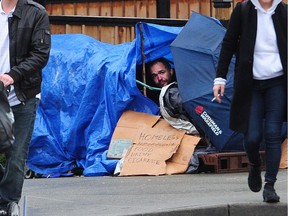 A homeless man on Cambie Street in March, 2018.