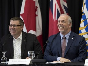 B.C. Premier John Horgan says progress was made at a western premier's conference even if a dispute with Alberta over Kinder Morgan's Trans Mountain pipeline caused Alberta not to sign the final communique. Horgan is pictured here leaving a press conference in Ottawa on April 15, 2018. [THE CANADIAN PRESS]