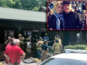 Authorities work the scene of a restaurant where police say a man intentionally rammed a vehicle into the steak and seafood eatery shortly after midday Sunday, May 20, 2018, in Bessemer City, N.C. Roger Self is charged with the murder of daughter Kaitlyn Self (inset) and his daughter-in-law Amanda Self (not pictured).