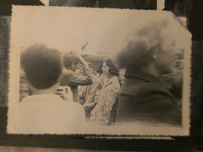 Ethel Kennedy in foreground, RFK chatting with voters, from the Julia McDonald scrapbook collection.