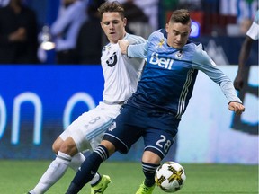 Jake Nerwinski of Vancouver, right, is expected to see action in Dallas on Saturday afternoon as the Whitecaps play their third MLS game in nine days.