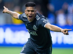 Vancouver Whitecaps' Anthony Blondell celebrates his goal against Real Salt Lake during second half MLS soccer action in Vancouver on April 27.