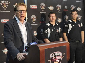 Vancouver Giants' GM Glen Hanlon, who knows a thing or two about WHL talent, speaks while flanked by former Giants' stars Brendan Gallagher and Neil Manning.