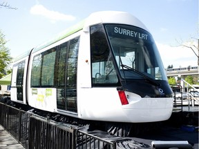 A light rapid transit vehicle on display in Surrey. TransLink is proposing the at-grade service for Surrey.