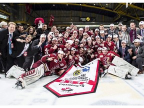 The Chilliwack Chiefs celebrate after winning their first RBC Cup on Sunday with a 4-2 victory over the Wellington Dukes.