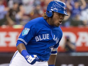 Toronto Blue Jays' Vladimir Guerrero Jr. celebrates his walk-off home run to defeat the St. Louis Cardinals during spring training action on March 27, 2018