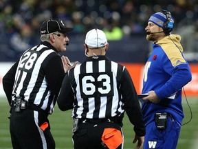 Winnipeg Blue Bombers head coach Mike O'Shea tries to get an explanation from the officials during the CFL West semi-final against the Edmonton Eskimos in Winnipeg on Sun., Nov. 12, 2017. Kevin King/Winnipeg Sun/Postmedia Network