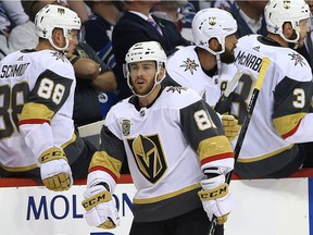 Vegas Golden Knights forward Jonathan Marchessault celebrates at the bench after scoring against the Winnipeg Jets in Game 2 of the Western Conference final in Winnipeg on May 14, 2018.