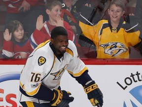 Nashville Predators' P.K. Subban is all smiles during warmup in Montreal on Thursday March 2, 2017.