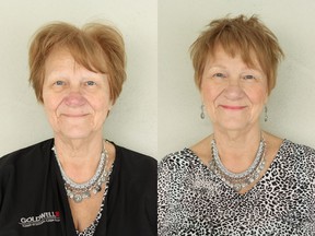 Sonia Langford, 73, is packing her camera and travelling to Greece for two months. But first she needed a makeover by Nadia Albano. On the left is Sonia before her makeover, on the right is Sonia after.