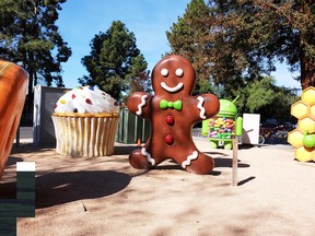 Larger-than-life size sculptures of Google's android symbols form an outdoor display at Googleplex.