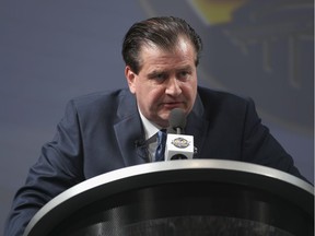 Vancouver Canucks GM Jim Benning, shown making his first-round pick of Finnish defenceman Olli Juolevi at the 2016 entry draft in Buffalo, is anxious to see how the top end of this week’s draft plays out on Friday.