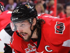 Erik Karlsson of the Ottawa Senators prepares for a faceoff against the New York Rangers during Game 1 of the NHL's Eastern Conference semifinals at Canadian Tire Centre in Ottawa on April 27, 2017.