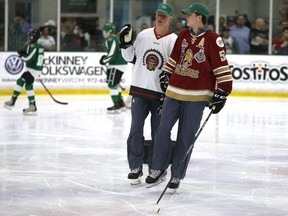 Prospects Rasmus Dahlin of Sweden, left, and Noah Dobson participate in the Top Prospects Youth Hockey Clinic ahead of Friday's 2018 NHL Entry Draft at the Dr. Pepper StarCenter in Dallas, Texas.