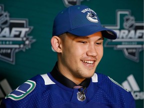 Jett Woo speaks to the media in Dallas after being selected 37th overall by the Vancouver Canucks in the 2018 NHL Entry Draft.