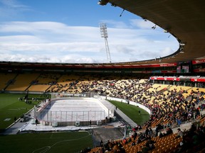 Fans look on prior to the cancellation of the Ice Hockey Classic at Westpac Stadium on June 24, 2018 in Wellington, New Zealand.