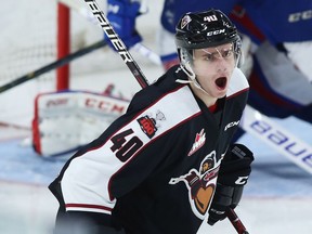 Milos Roman of the Vancouver Giants celebrates his goal against the Edmonton Oil Kings during a November 2017 Western Hockey League game at the Langley Events Centre.