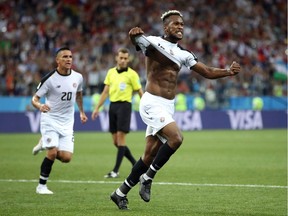 Kendall Waston of Costa Rica celebrates scoring his sides opening goal to make the score 1-1  during the 2018 FIFA World Cup Russia group E match between Switzerland and Costa Rica at Nizhny Novgorod Stadium on June 27, 2018 in Nizhny Novgorod, Russia.