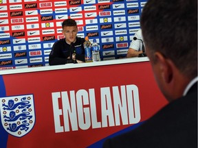 England defender Kieran Trippier answers questions about his team's chances at the 2018 World Cup during a news conference in Repino, Russia on June 14, 2018.