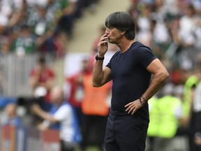 Germany's coach Joachim Loew reacts on the sideines during his team's shocking 1-0 loss to Mexico at the FIFA World Cup in Moscow on Sunday, June 17, 2018.